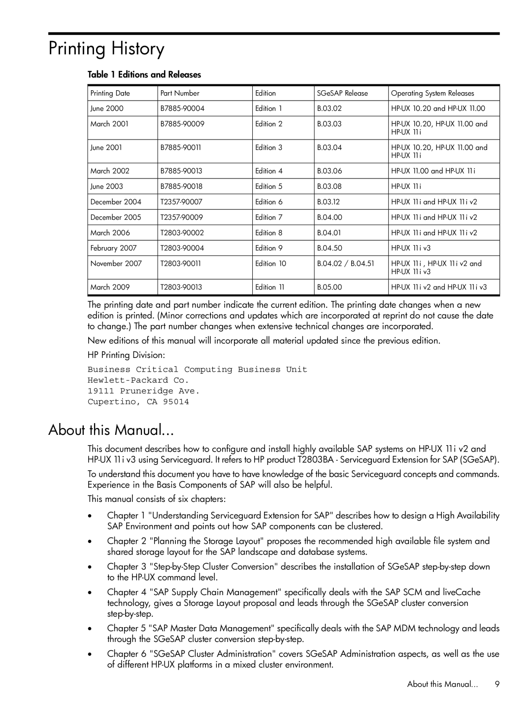 HP Serviceguard Extension for SAP (SGeSAP) manual Printing History, About this Manual 