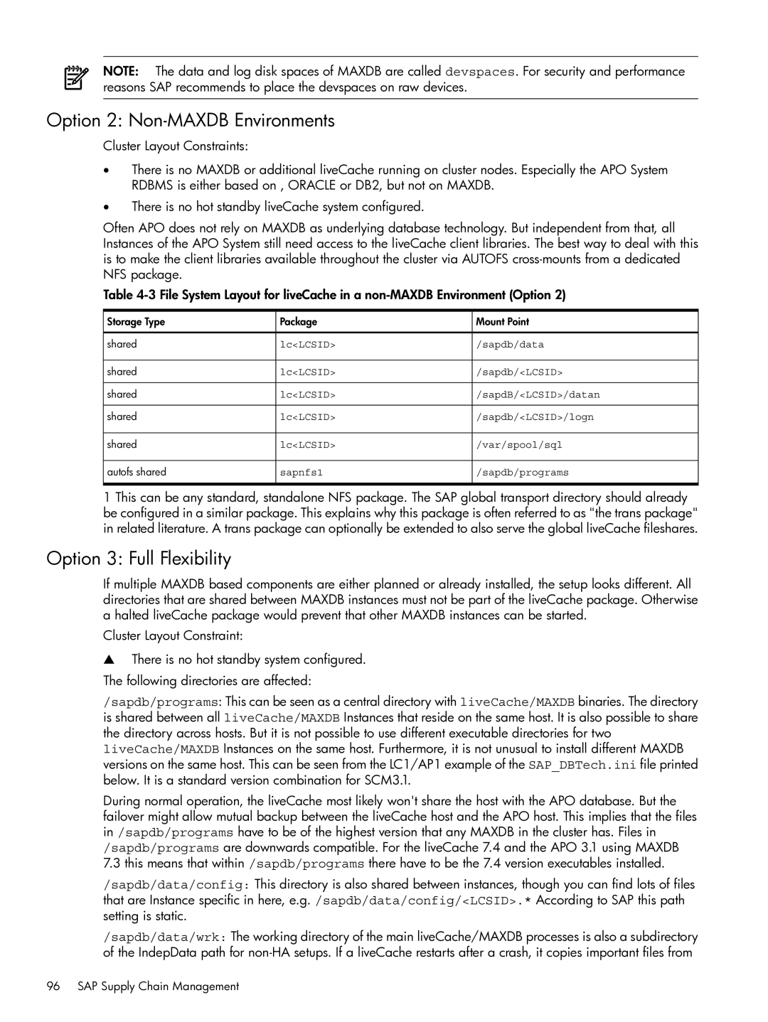 HP Serviceguard Extension for SAP (SGeSAP) manual Option 2 Non-MAXDB Environments, Option 3 Full Flexibility 