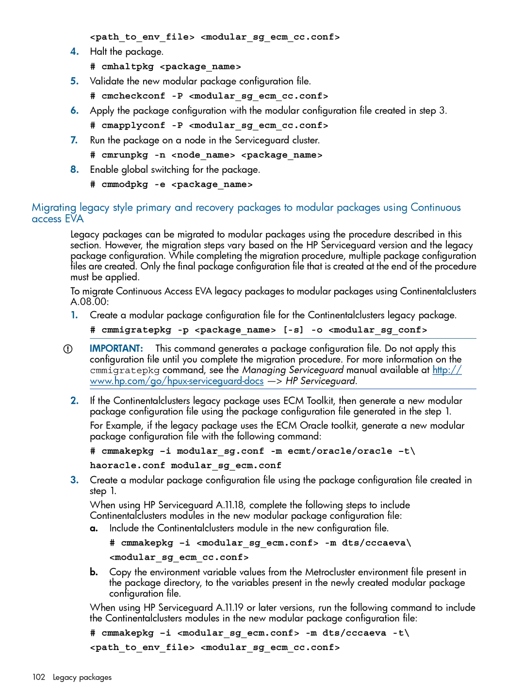 HP Serviceguard Metrocluster manual Pathtoenvfile modularsgecmcc.conf, Validate the new modular package configuration file 