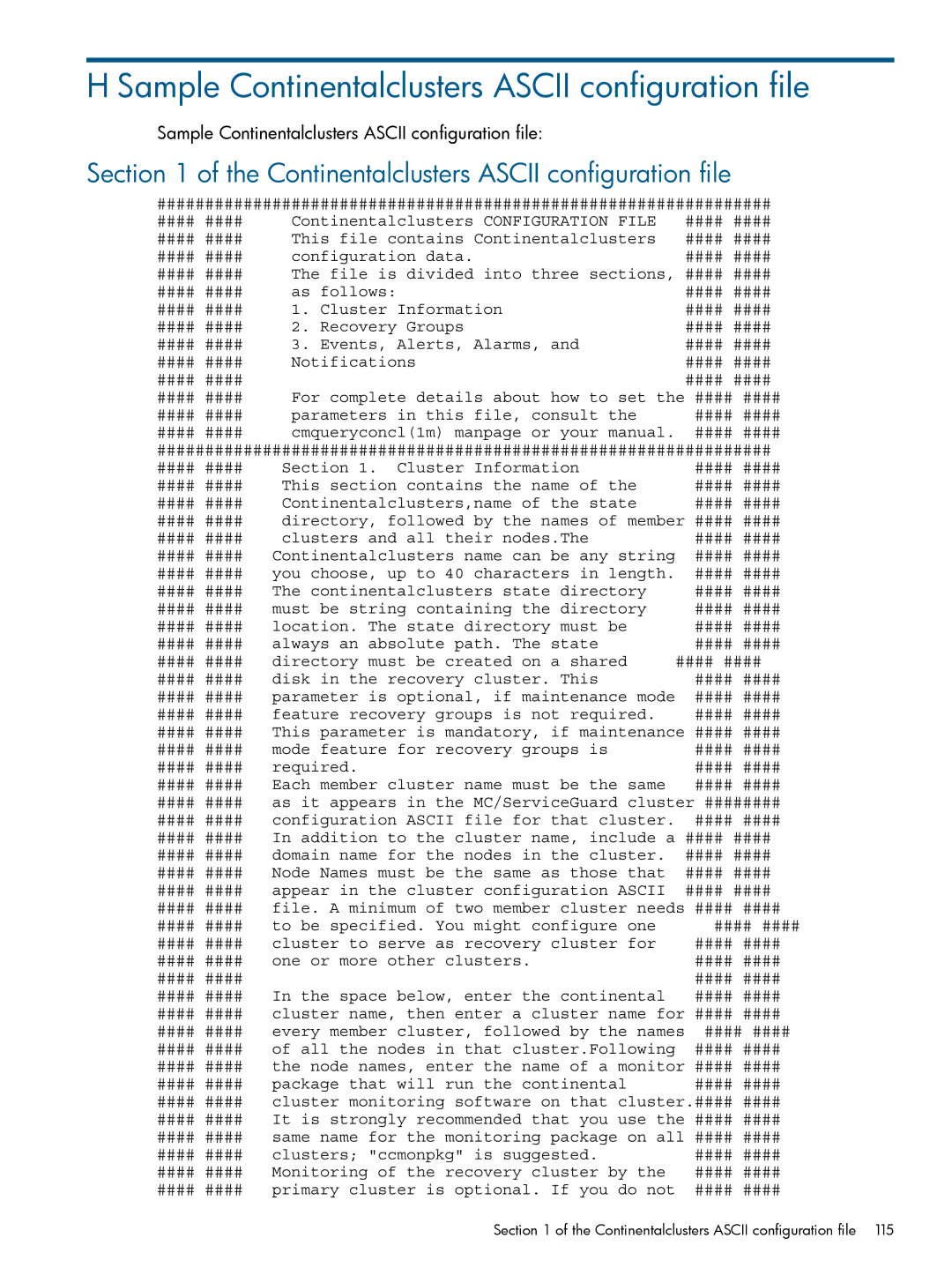 HP Serviceguard Metrocluster manual Sample Continentalclusters Ascii configuration file 