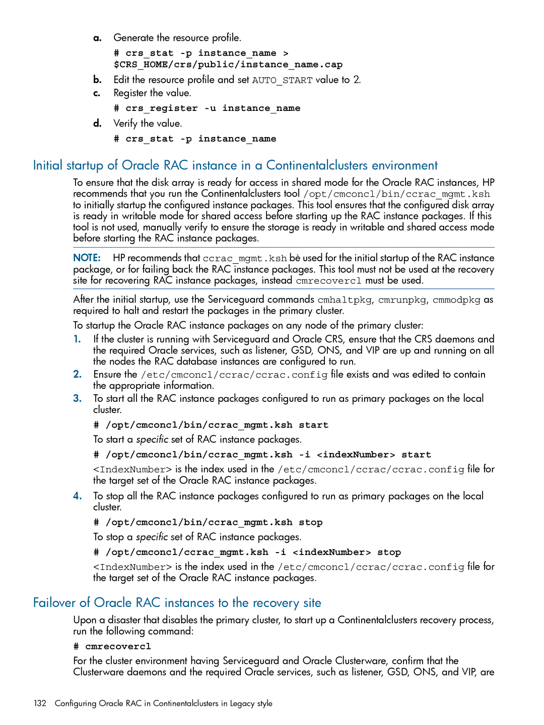 HP Serviceguard Metrocluster manual Failover of Oracle RAC instances to the recovery site 