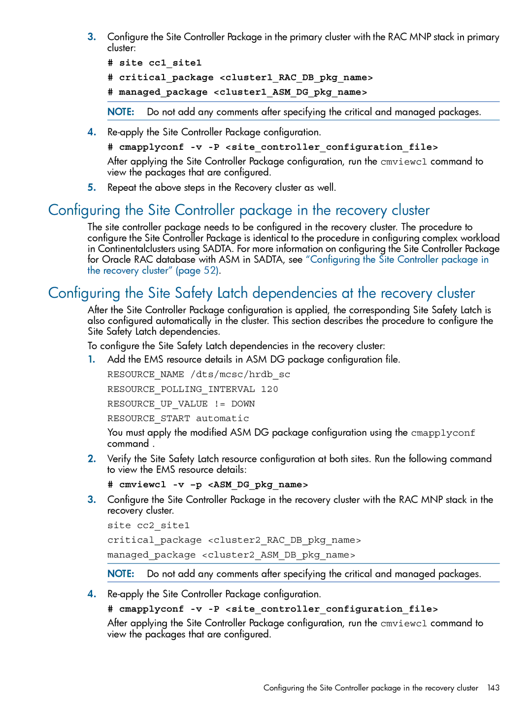 HP Serviceguard Metrocluster manual # cmapplyconf -v -P sitecontrollerconfigurationfile, Site cc2site1 