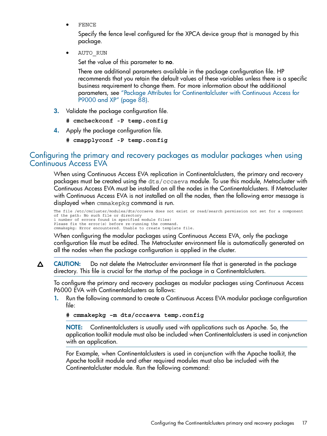 HP Serviceguard Metrocluster manual Fence, Autorun, # cmcheckconf -P temp.config, # cmapplyconf -P temp.config 