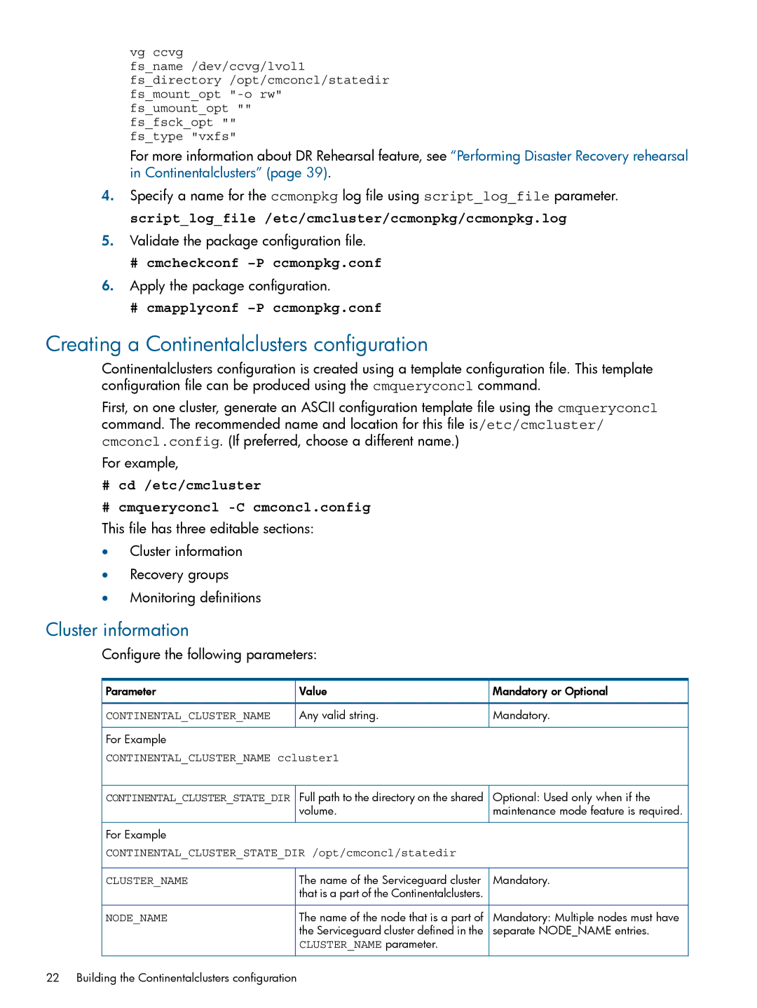 HP Serviceguard Metrocluster manual Creating a Continentalclusters configuration, Cluster information 