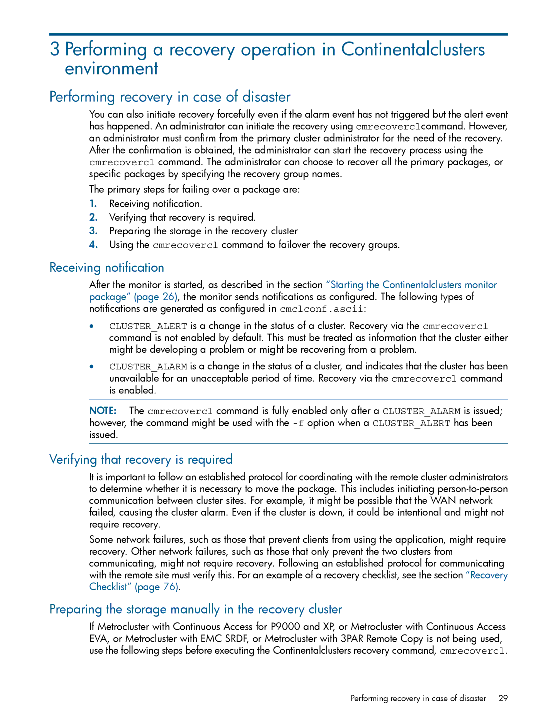 HP Serviceguard Metrocluster manual Performing recovery in case of disaster, Receiving notification 