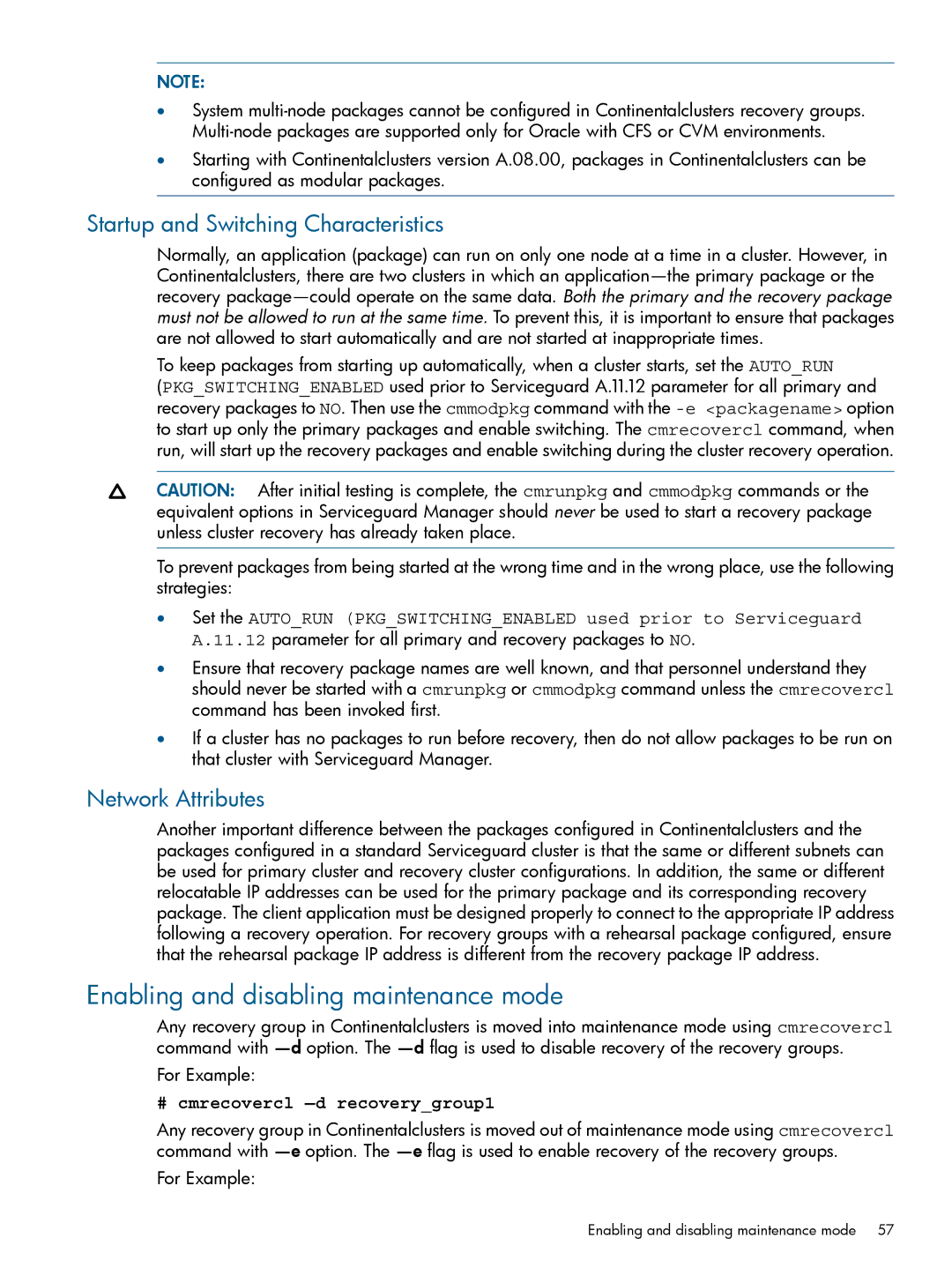 HP Serviceguard Metrocluster manual Enabling and disabling maintenance mode, Startup and Switching Characteristics 