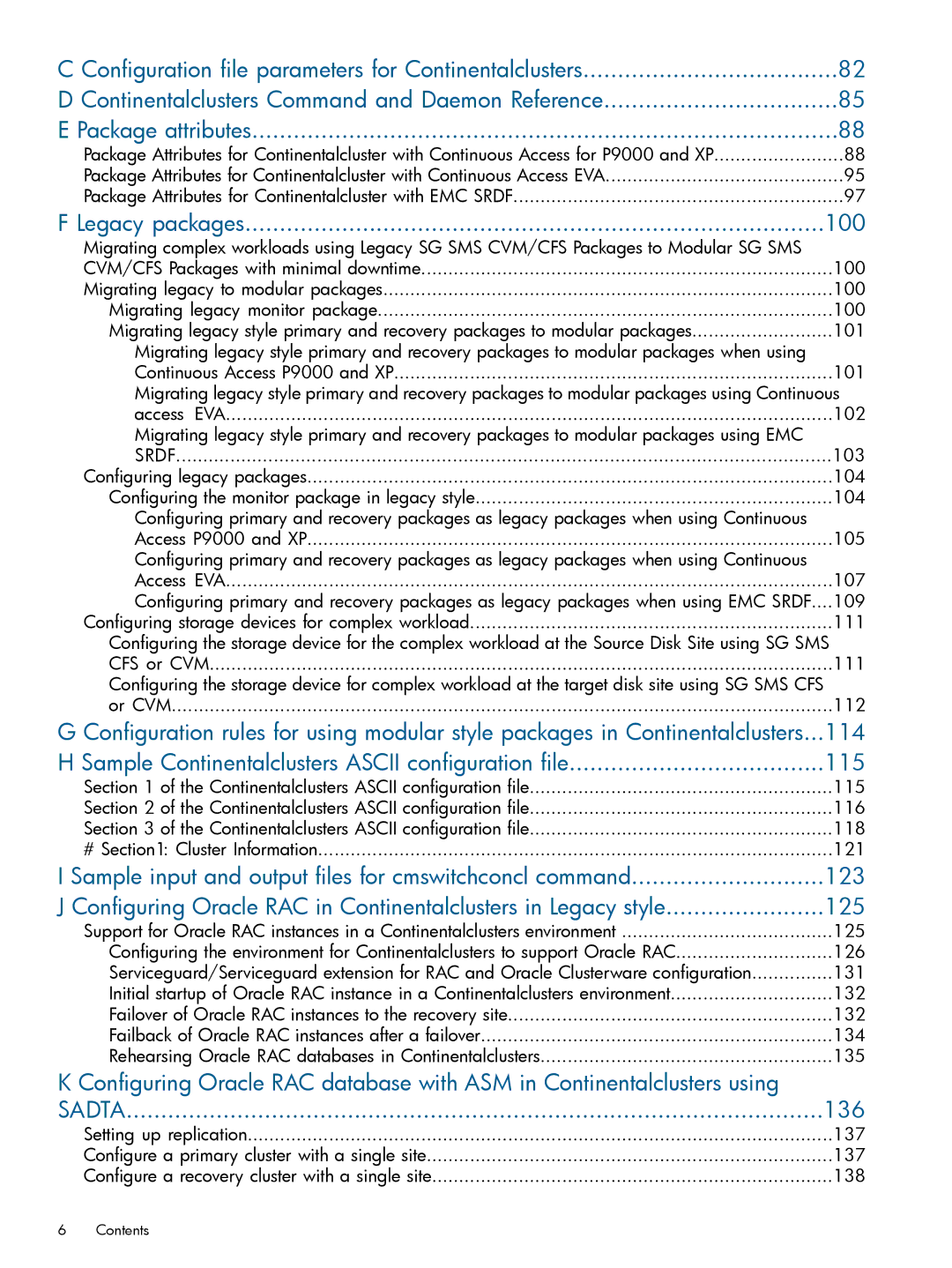 HP Serviceguard Metrocluster manual Package attributes, Legacy packages 100, 114, 123, 125, 136 