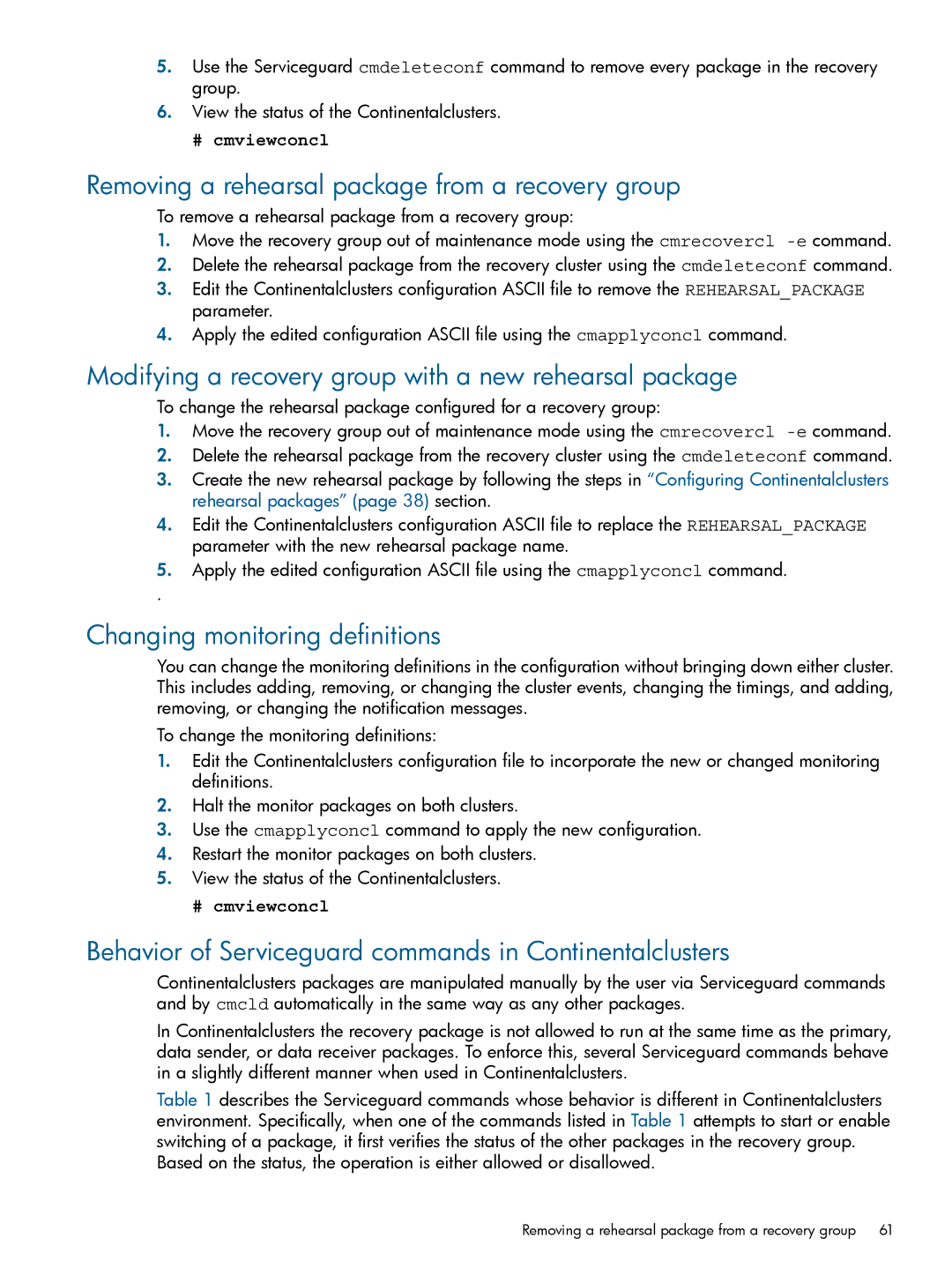 HP Serviceguard Metrocluster manual Removing a rehearsal package from a recovery group, Changing monitoring definitions 