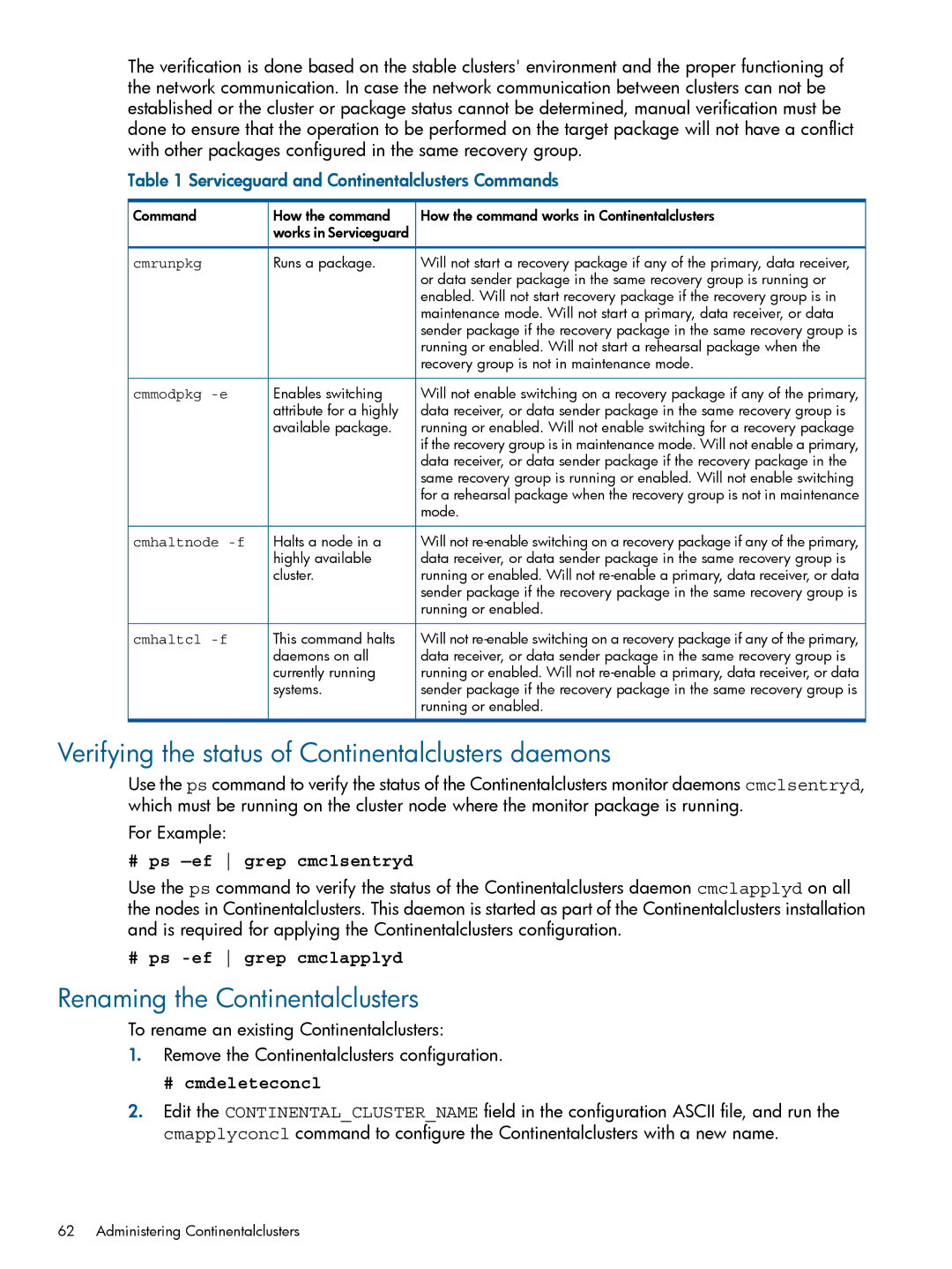 HP Serviceguard Metrocluster manual Verifying the status of Continentalclusters daemons, Renaming the Continentalclusters 