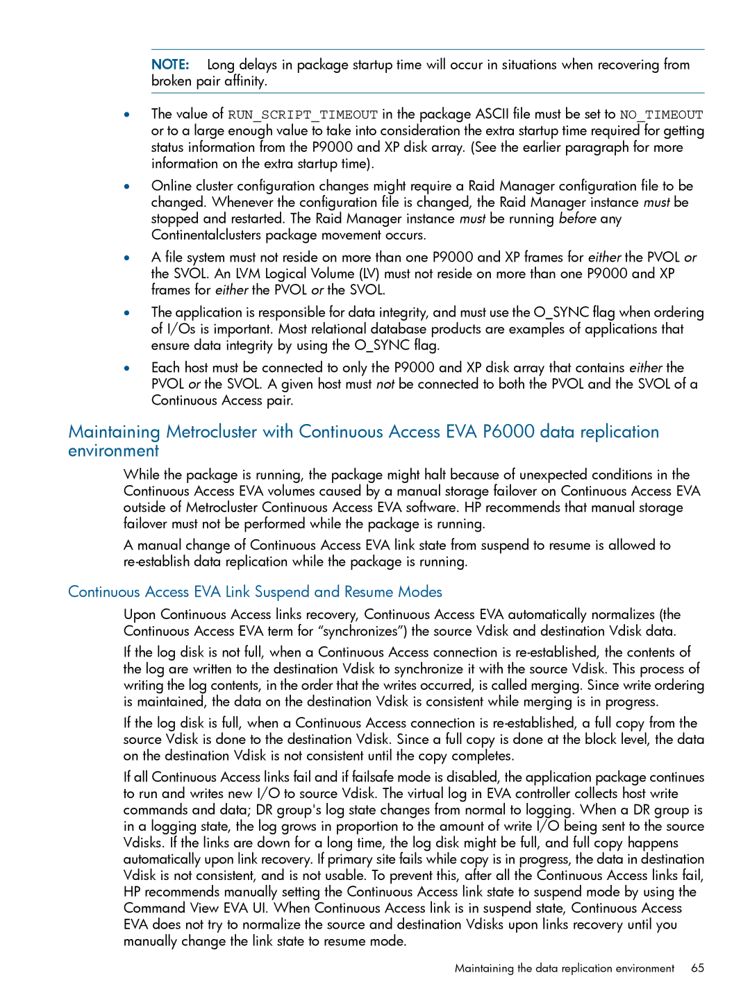 HP Serviceguard Metrocluster manual Continuous Access EVA Link Suspend and Resume Modes 