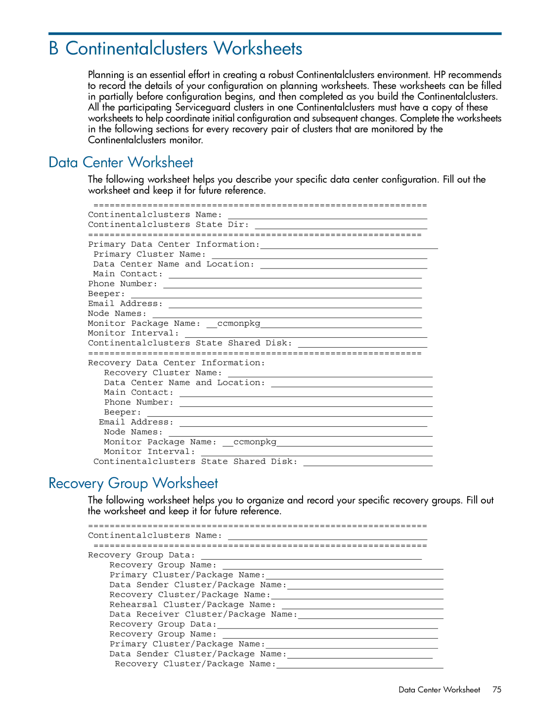 HP Serviceguard Metrocluster manual Continentalclusters Worksheets, Data Center Worksheet, Recovery Group Worksheet 