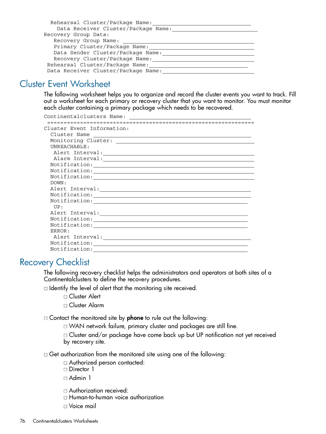 HP Serviceguard Metrocluster manual Cluster Event Worksheet, Recovery Checklist 