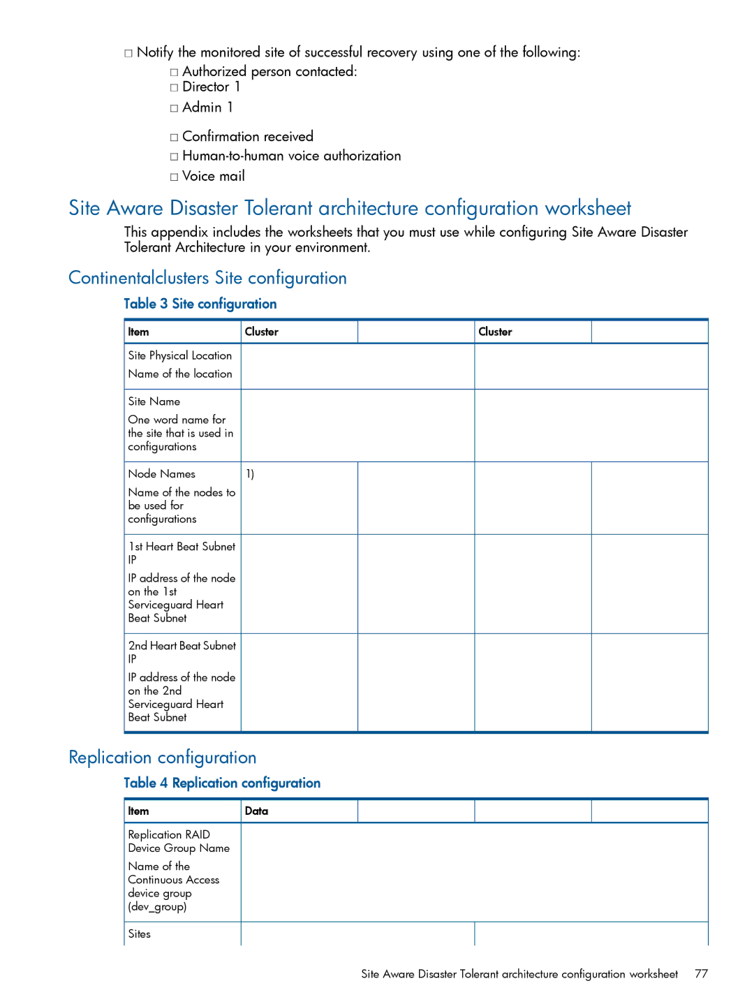 HP Serviceguard Metrocluster manual Continentalclusters Site configuration, Replication configuration 