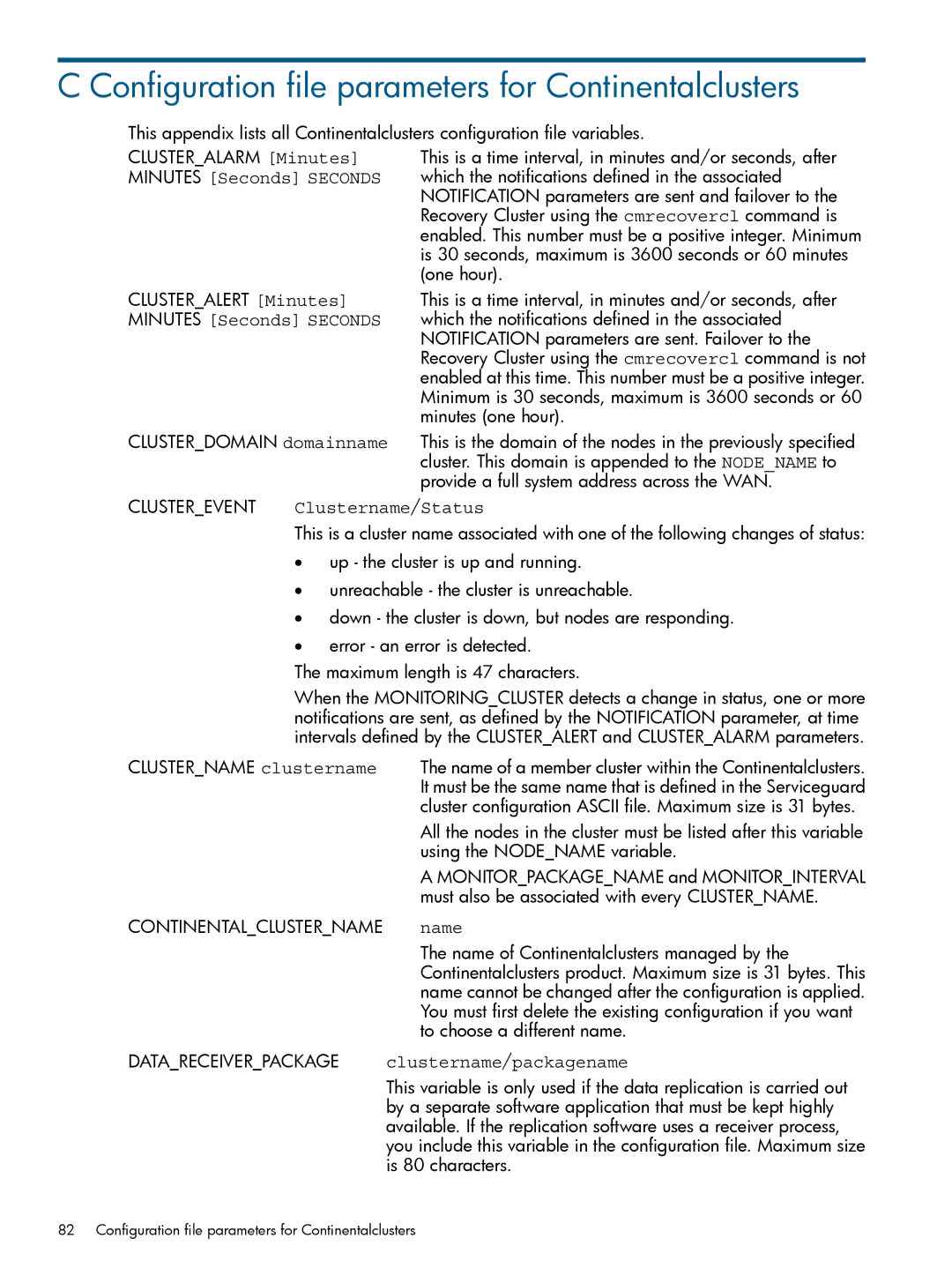 HP Serviceguard Metrocluster manual Configuration file parameters for Continentalclusters 