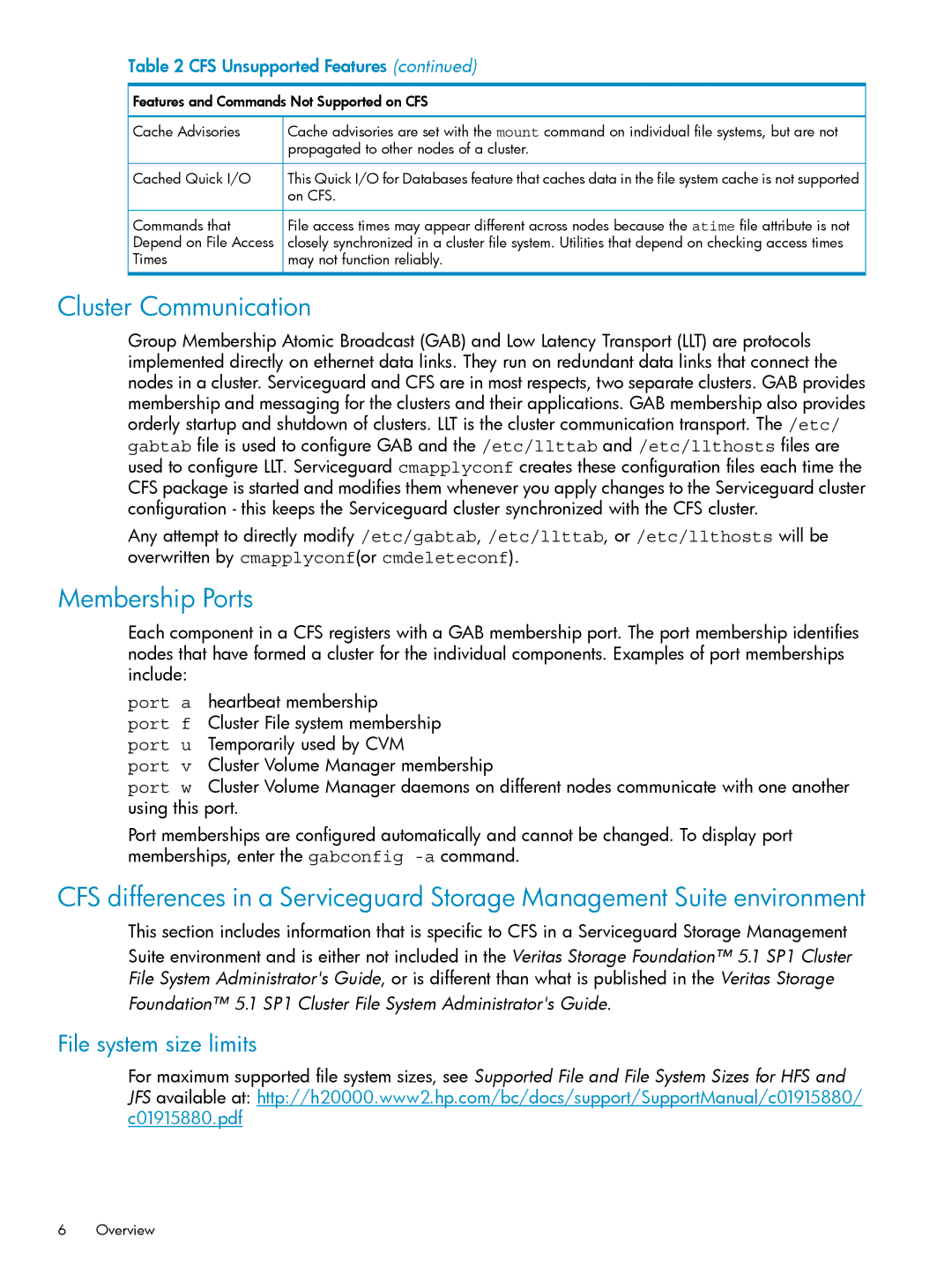 HP Serviceguard Storage Management Suite for VERITAS Cluster Communication, Membership Ports, File system size limits 