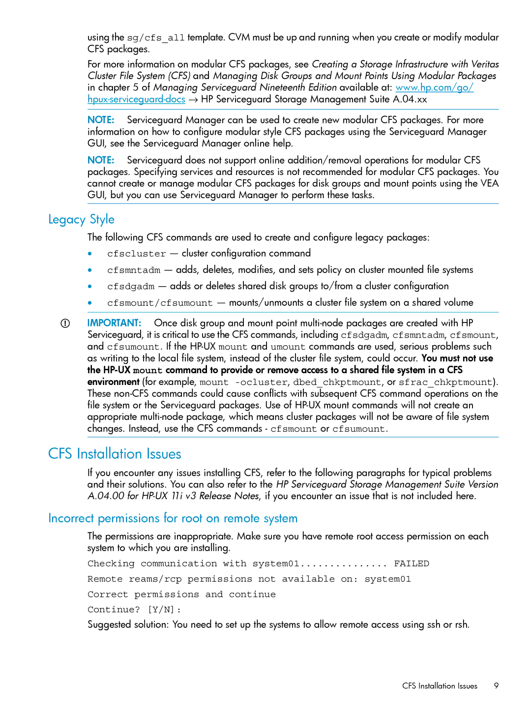 HP Serviceguard Storage Management Suite for VERITAS manual CFS Installation Issues, Legacy Style 