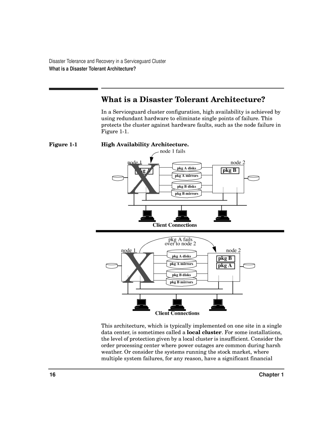 HP serviceguard t2808-90006 manual What is a Disaster Tolerant Architecture?, High Availability Architecture, Node 1 fails 