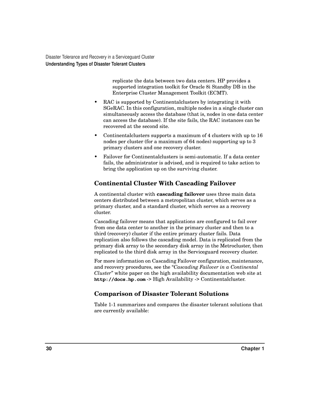 HP serviceguard t2808-90006 manual Continental Cluster With Cascading Failover, Comparison of Disaster Tolerant Solutions 