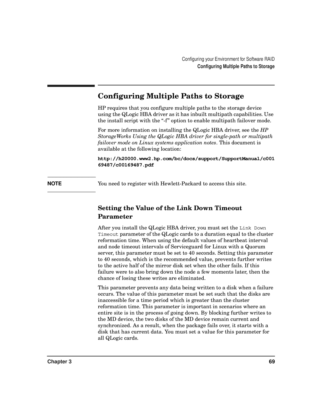 HP serviceguard t2808-90006 Configuring Multiple Paths to Storage, Setting the Value of the Link Down Timeout Parameter 
