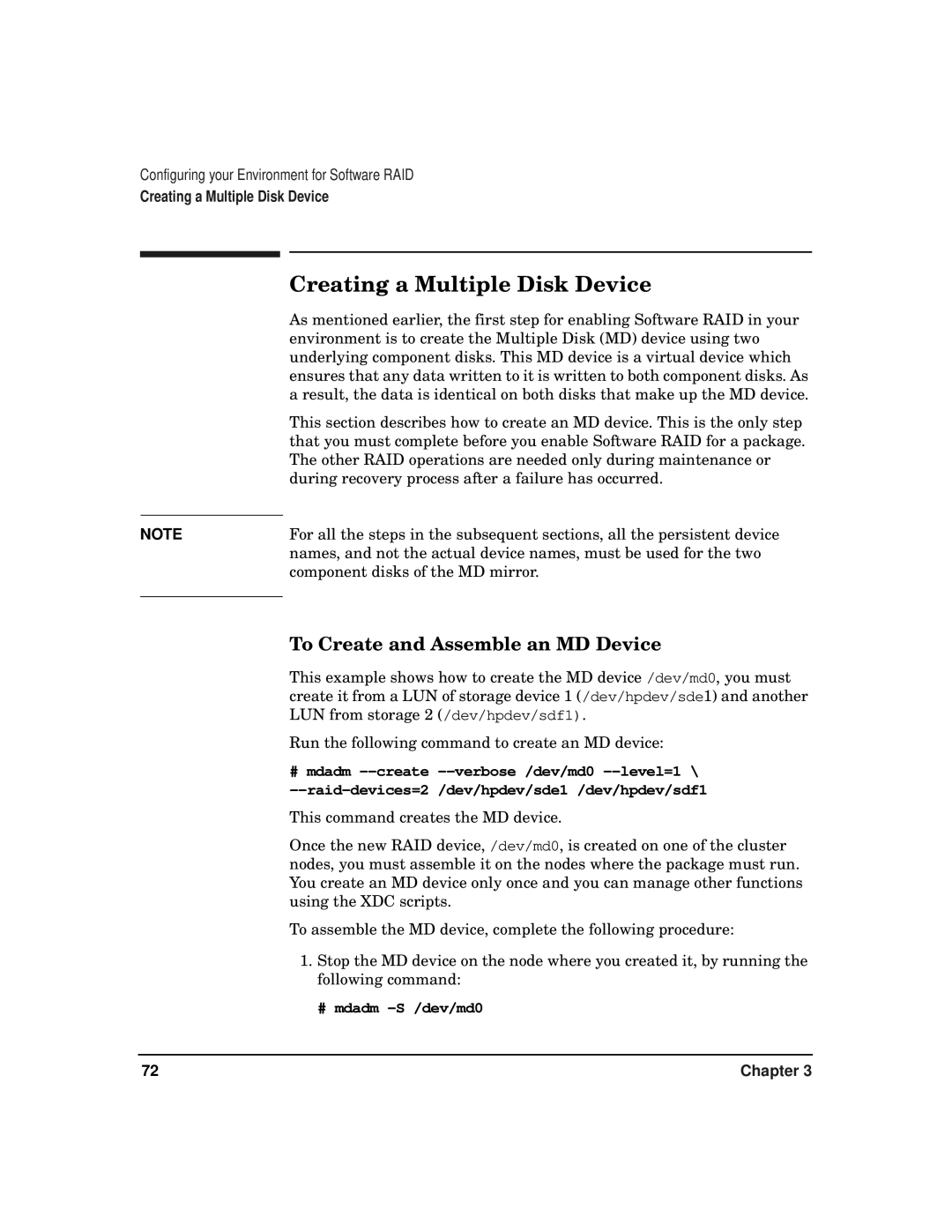 HP serviceguard t2808-90006 manual Creating a Multiple Disk Device, To Create and Assemble an MD Device 