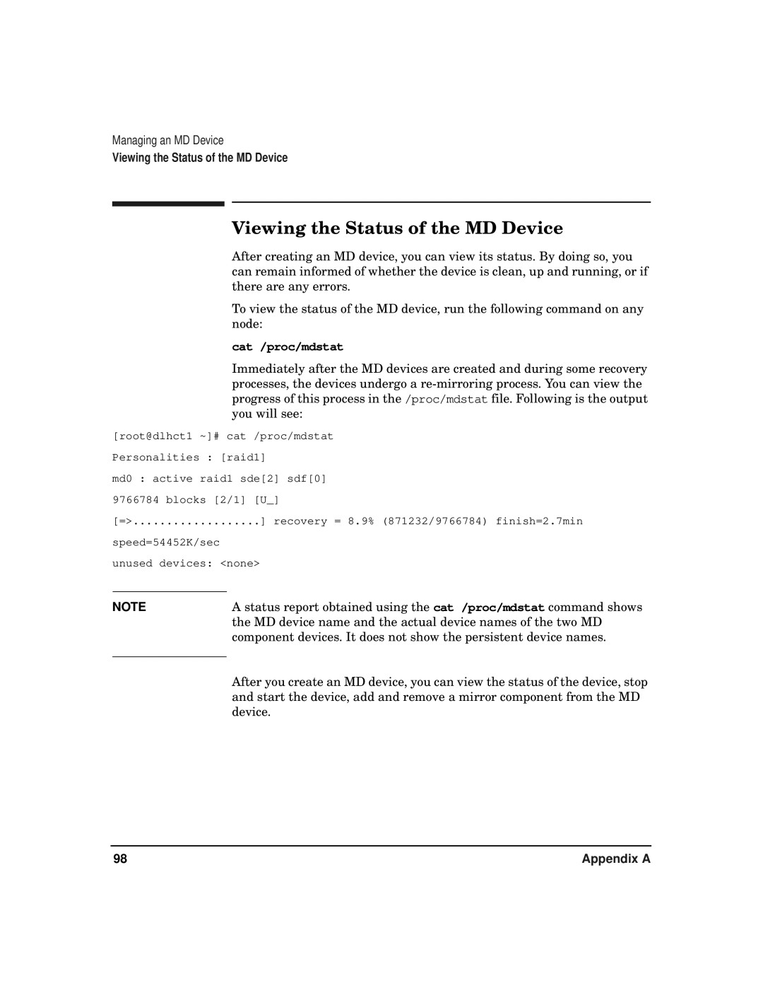 HP serviceguard t2808-90006 manual Viewing the Status of the MD Device, Cat /proc/mdstat 