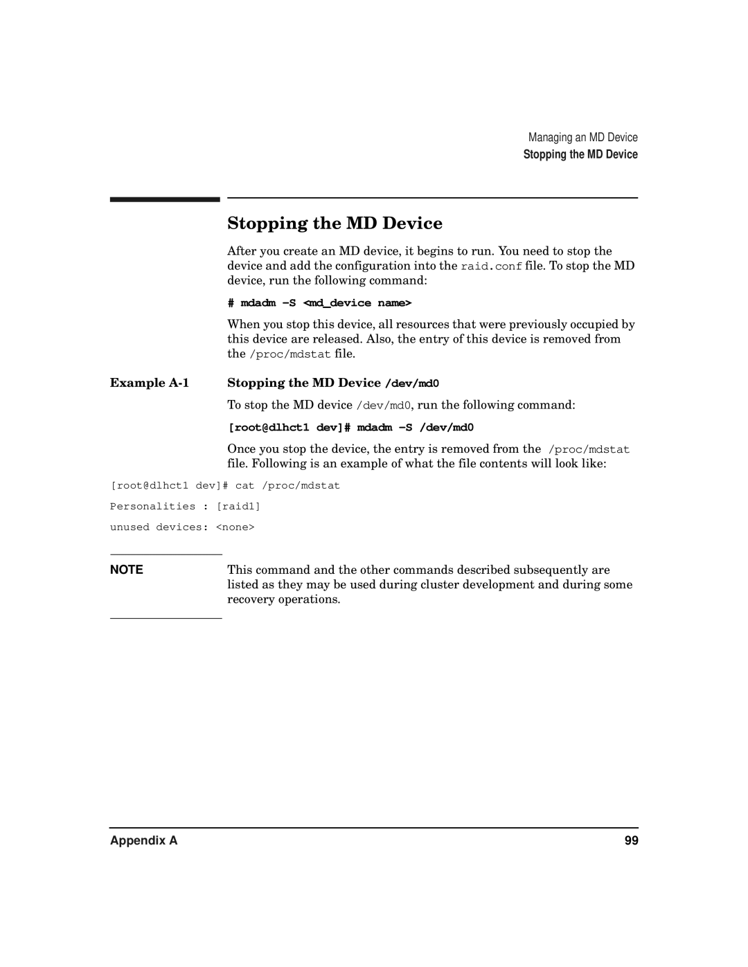 HP serviceguard t2808-90006 manual Example A-1 Stopping the MD Device /dev/md0 