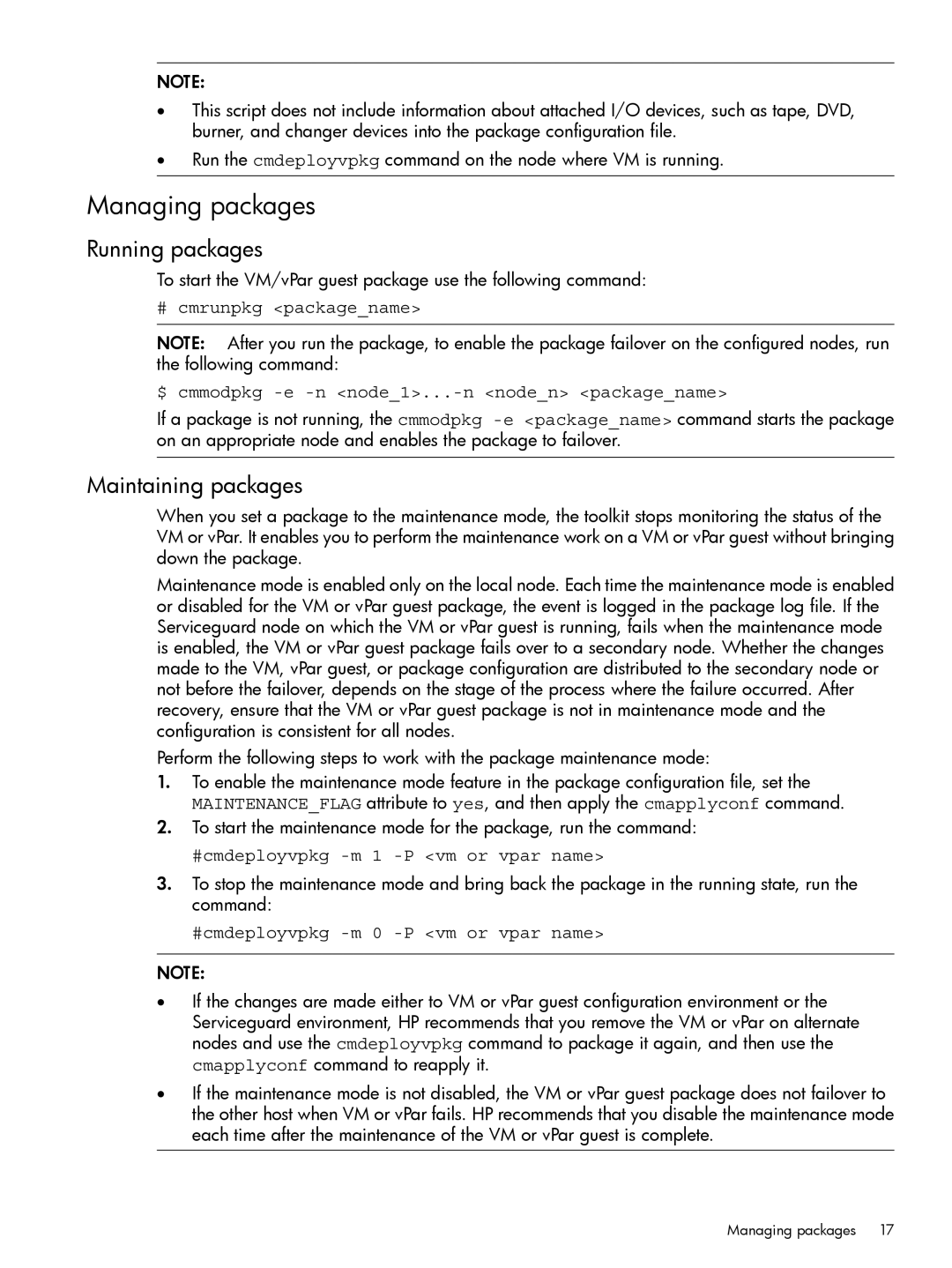 HP Serviceguard Toolkit for Integrity Virtual Servers manual Managing packages, Running packages, Maintaining packages 
