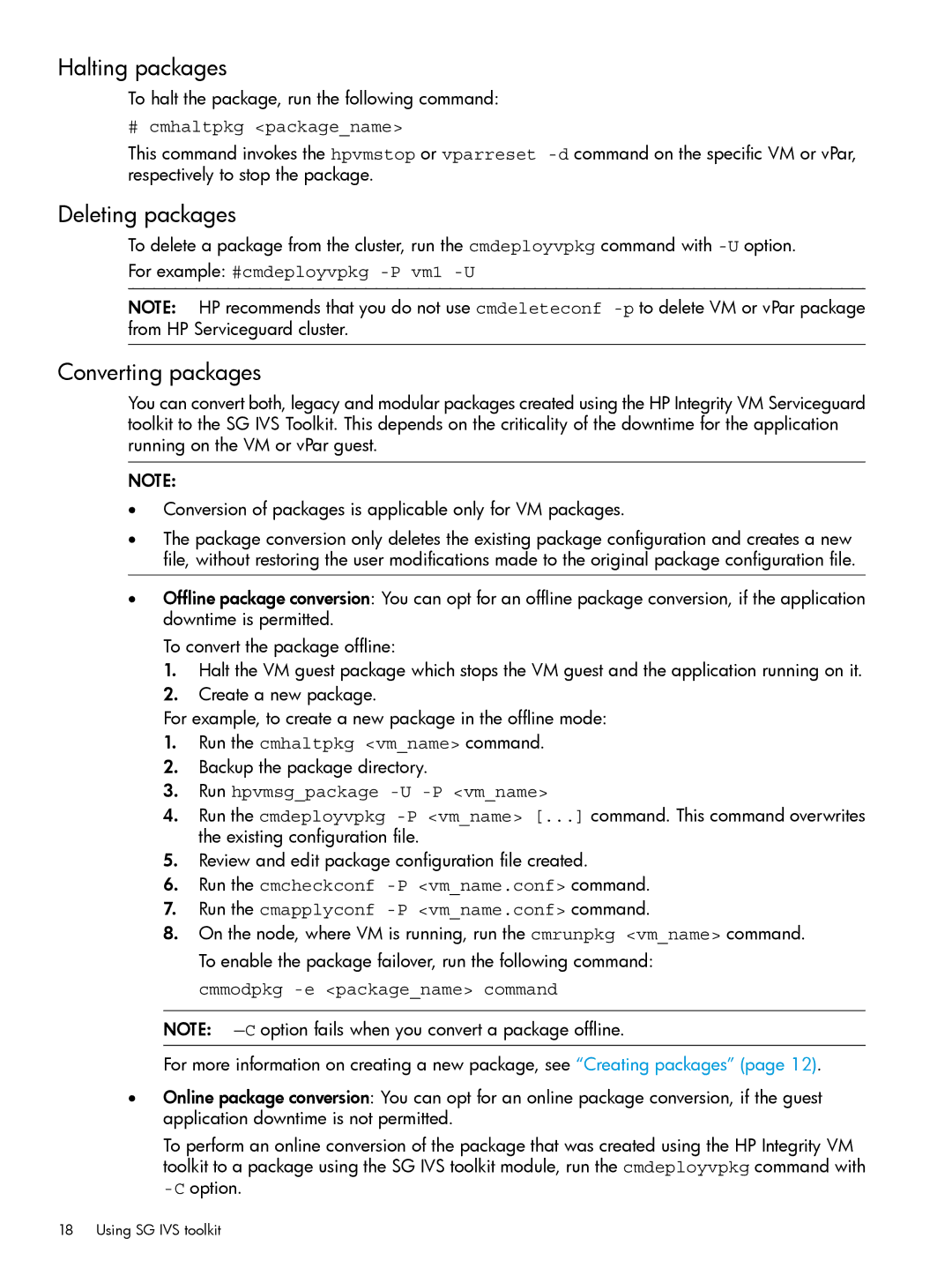 HP Serviceguard Toolkit for Integrity Virtual Servers manual Halting packages, Deleting packages, Converting packages 