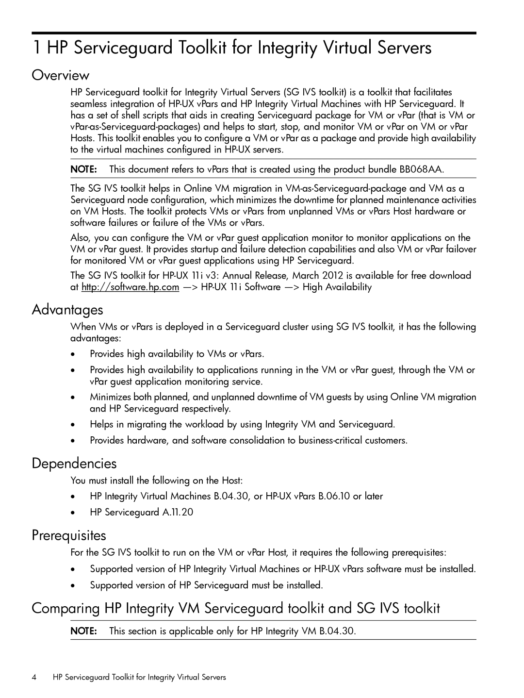 HP manual HP Serviceguard Toolkit for Integrity Virtual Servers, Overview, Advantages, Dependencies, Prerequisites 