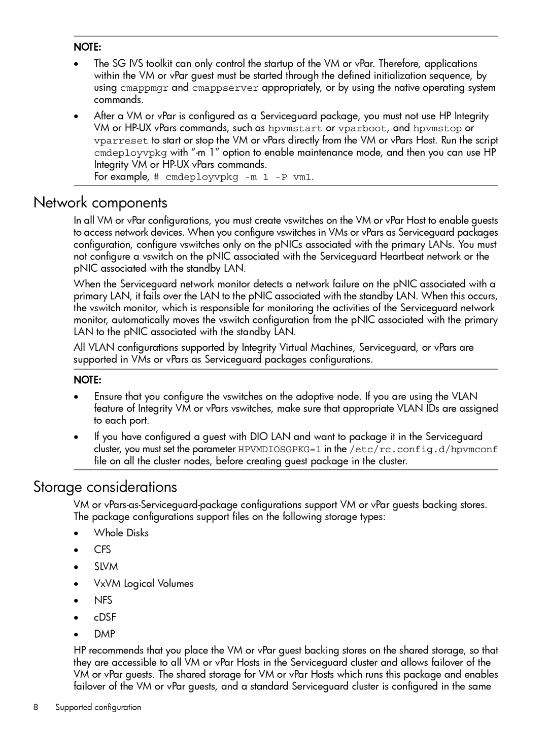 HP Serviceguard Toolkit for Integrity Virtual Servers manual Network components, Storage considerations 