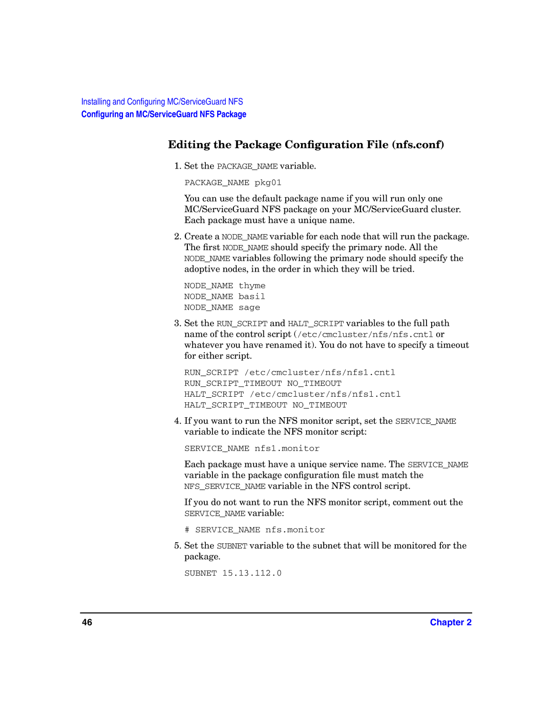 HP Serviceguard Toolkit for NFS manual Editing the Package Conﬁguration File nfs.conf 