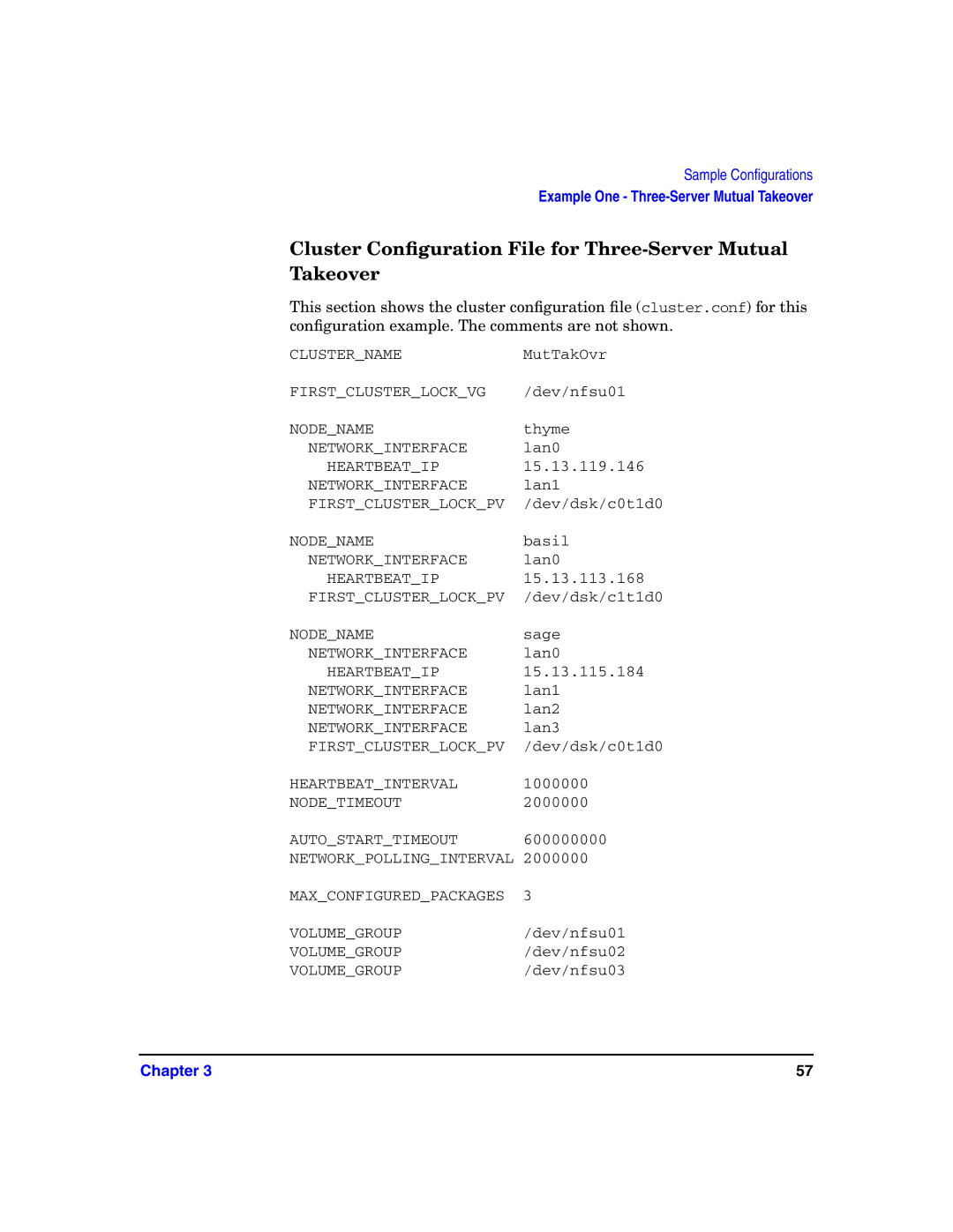 HP Serviceguard Toolkit for NFS manual Cluster Conﬁguration File for Three-Server Mutual Takeover 