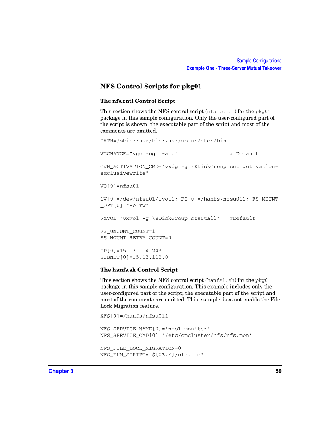 HP Serviceguard Toolkit for NFS manual NFS Control Scripts for pkg01, Nfs.cntl Control Script 