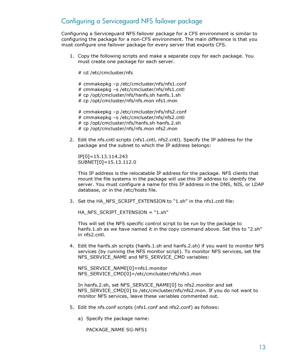 HP Serviceguard Toolkit for NFS manual Configuring a Serviceguard NFS failover package, Packagename SG-NFS1 