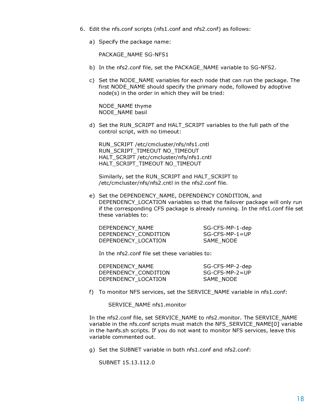 HP Serviceguard Toolkit for NFS manual Nfs2.conf file set these variables to 