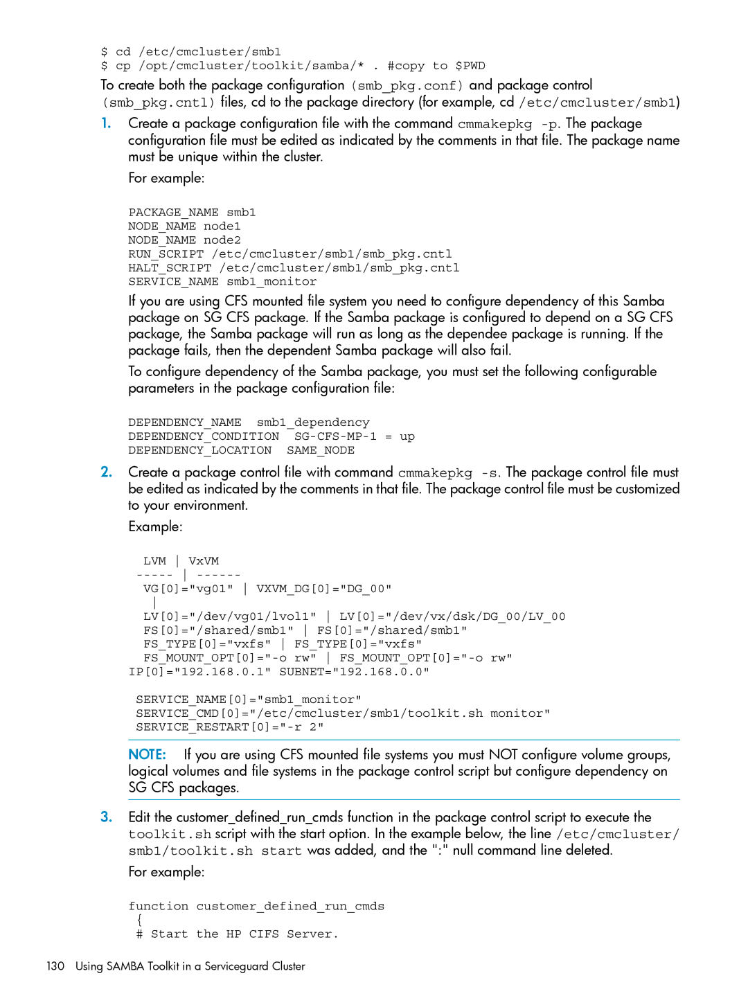 HP Serviceguard Toolkit for Oracle Data Guard manual Function customerdefinedruncmds # Start the HP Cifs Server 