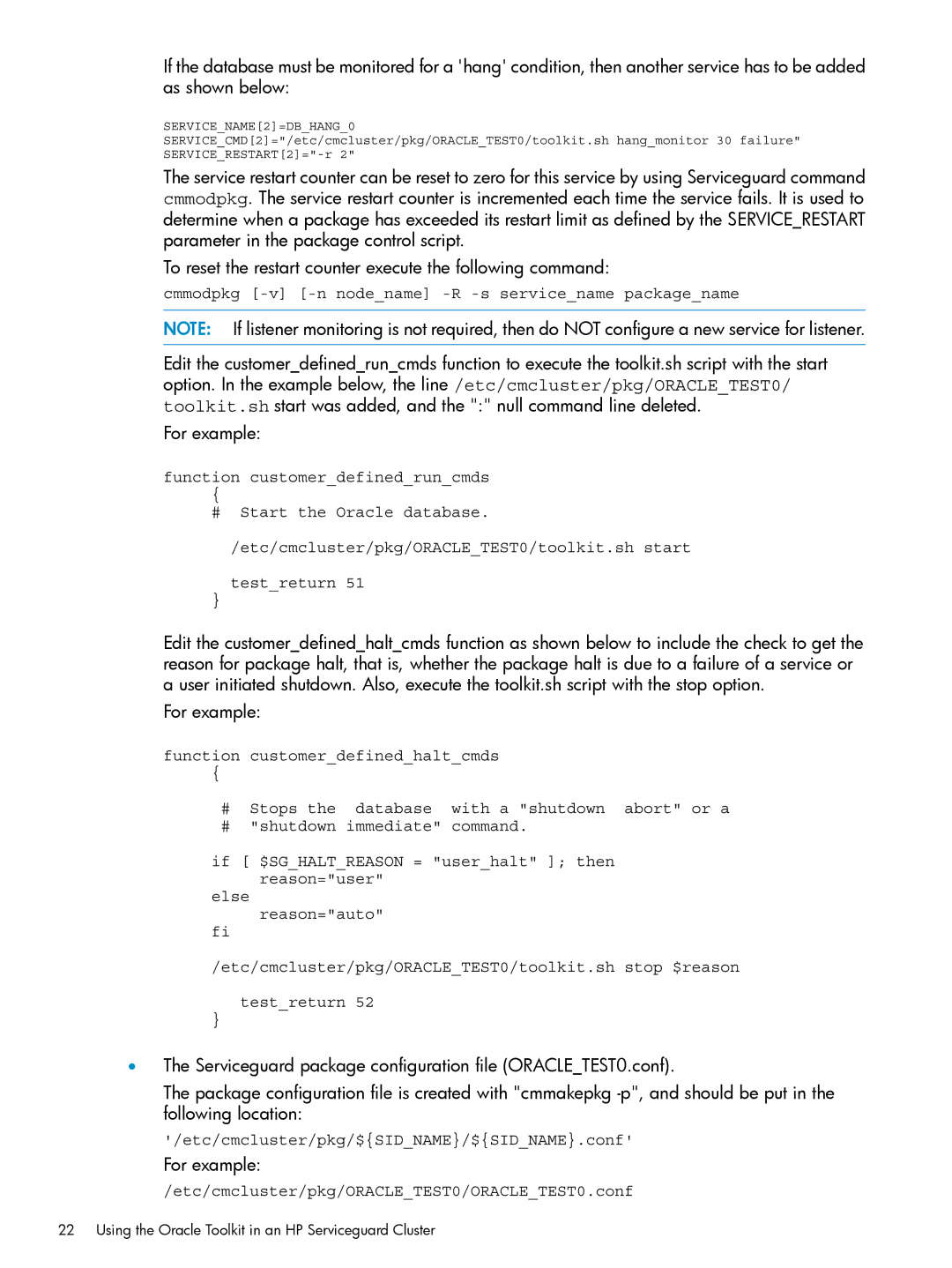 HP Serviceguard Toolkit for Oracle Data Guard manual Cmmodpkg -v -n nodename -R -s servicename packagename 