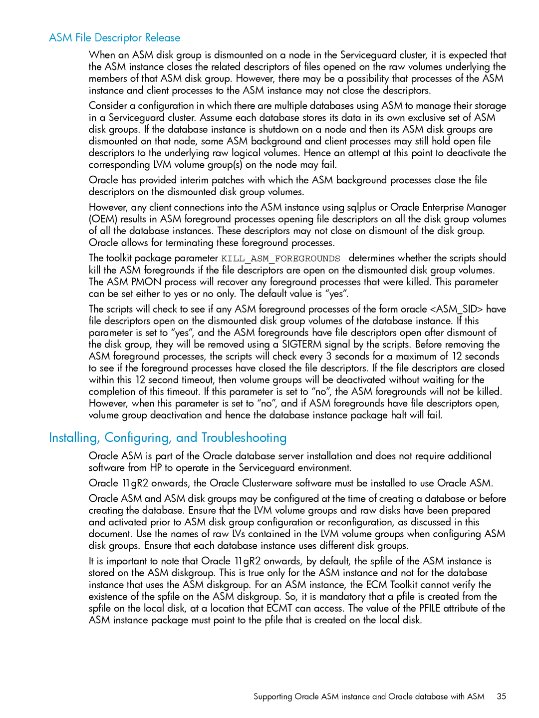 HP Serviceguard Toolkit for Oracle Data Guard Installing, Configuring, and Troubleshooting, ASM File Descriptor Release 