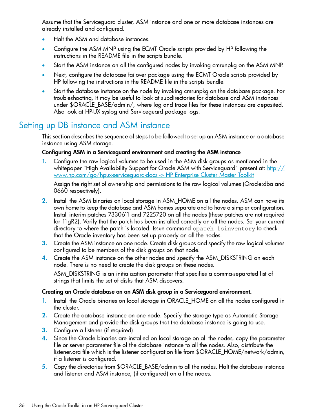 HP Serviceguard Toolkit for Oracle Data Guard manual Setting up DB instance and ASM instance 