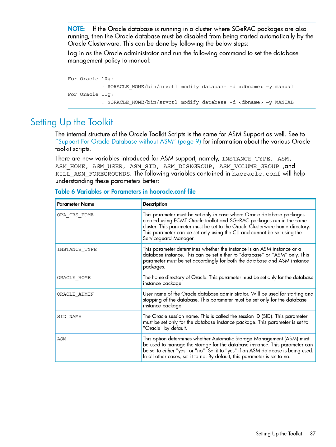 HP Serviceguard Toolkit for Oracle Data Guard manual Setting Up the Toolkit, Variables or Parameters in haoracle.conf file 