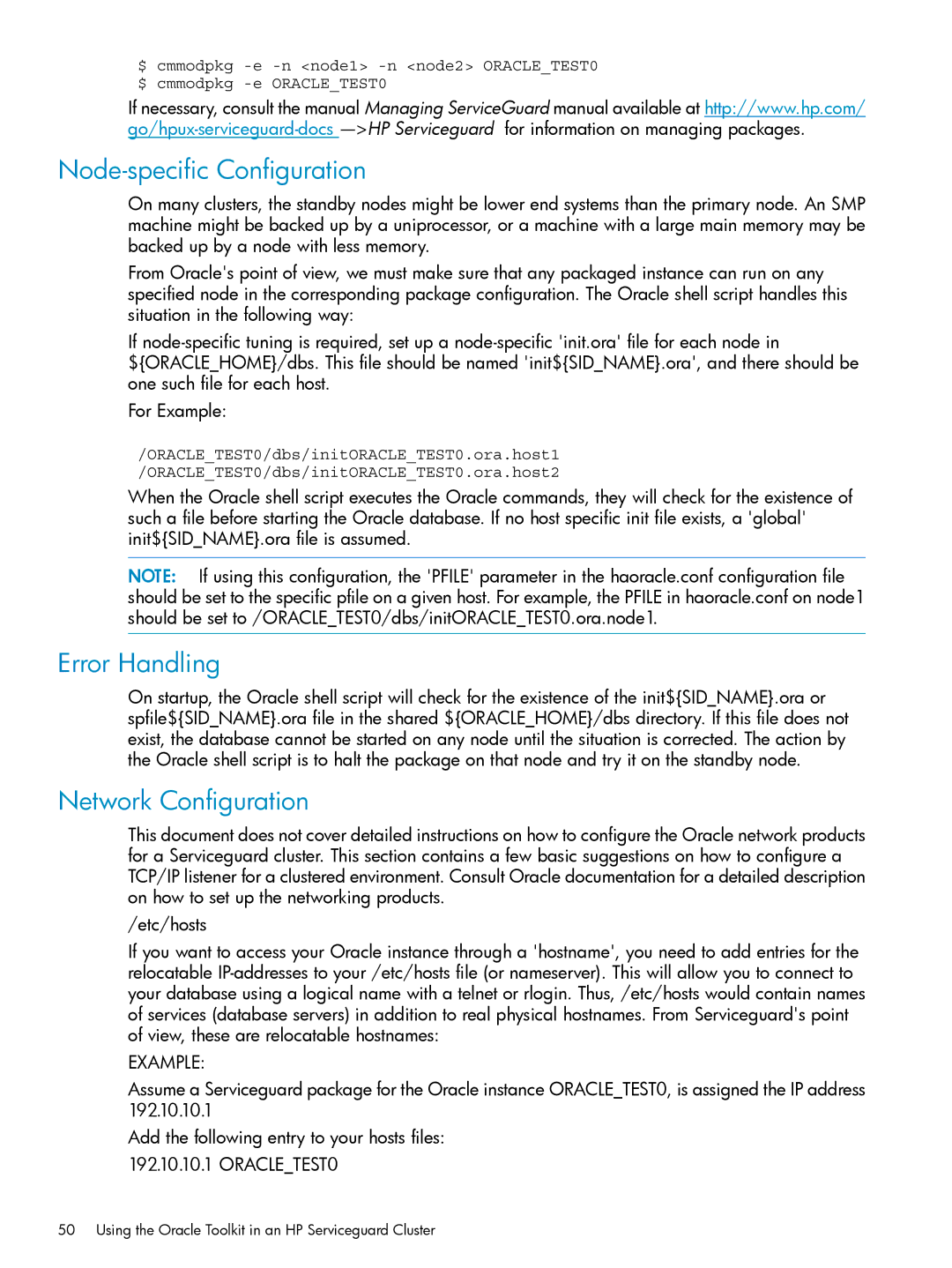 HP Serviceguard Toolkit for Oracle Data Guard manual Node-specific Configuration, Error Handling, Network Configuration 