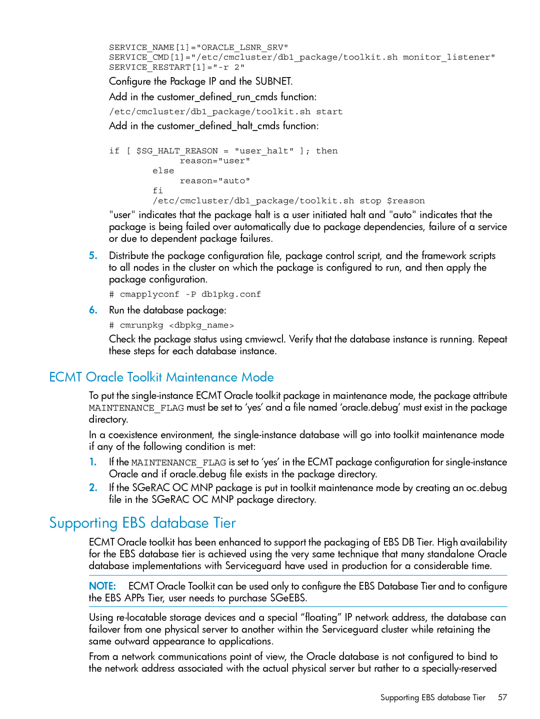 HP Serviceguard Toolkit for Oracle Data Guard manual Supporting EBS database Tier, Ecmt Oracle Toolkit Maintenance Mode 