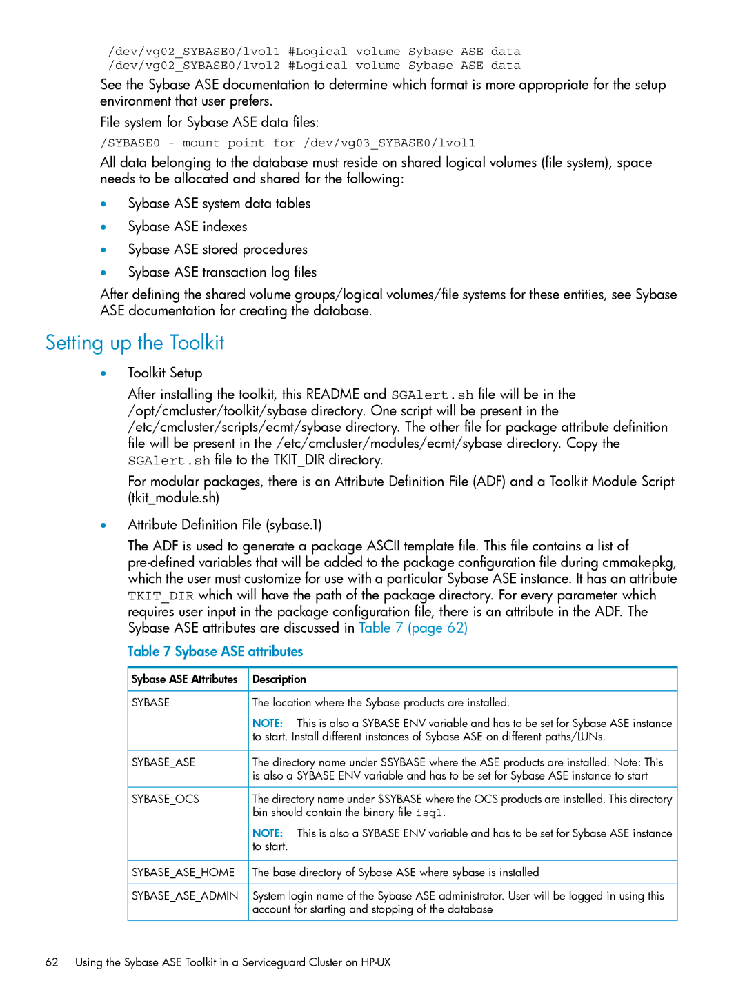 HP Serviceguard Toolkit for Oracle Data Guard manual Sybase ASE attributes 