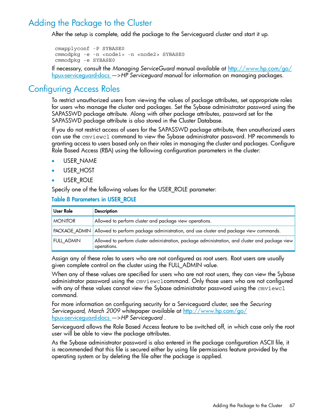 HP Serviceguard Toolkit for Oracle Data Guard Configuring Access Roles, Parameters in Userrole, User Role Description 