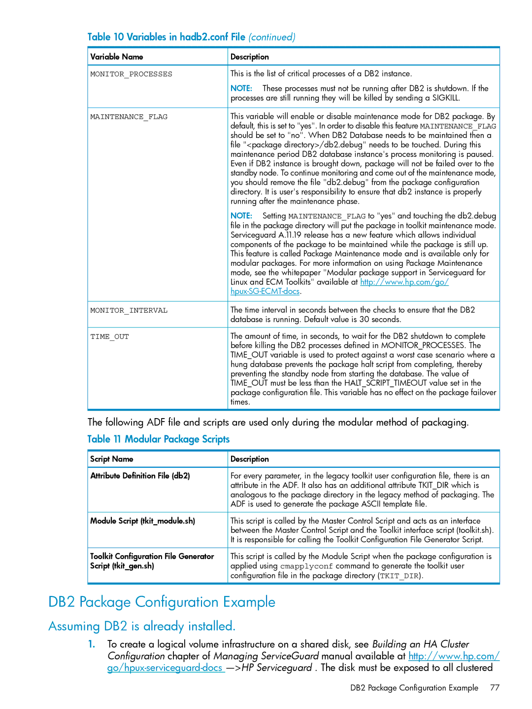 HP Serviceguard Toolkit for Oracle Data Guard manual DB2 Package Configuration Example, Assuming DB2 is already installed 