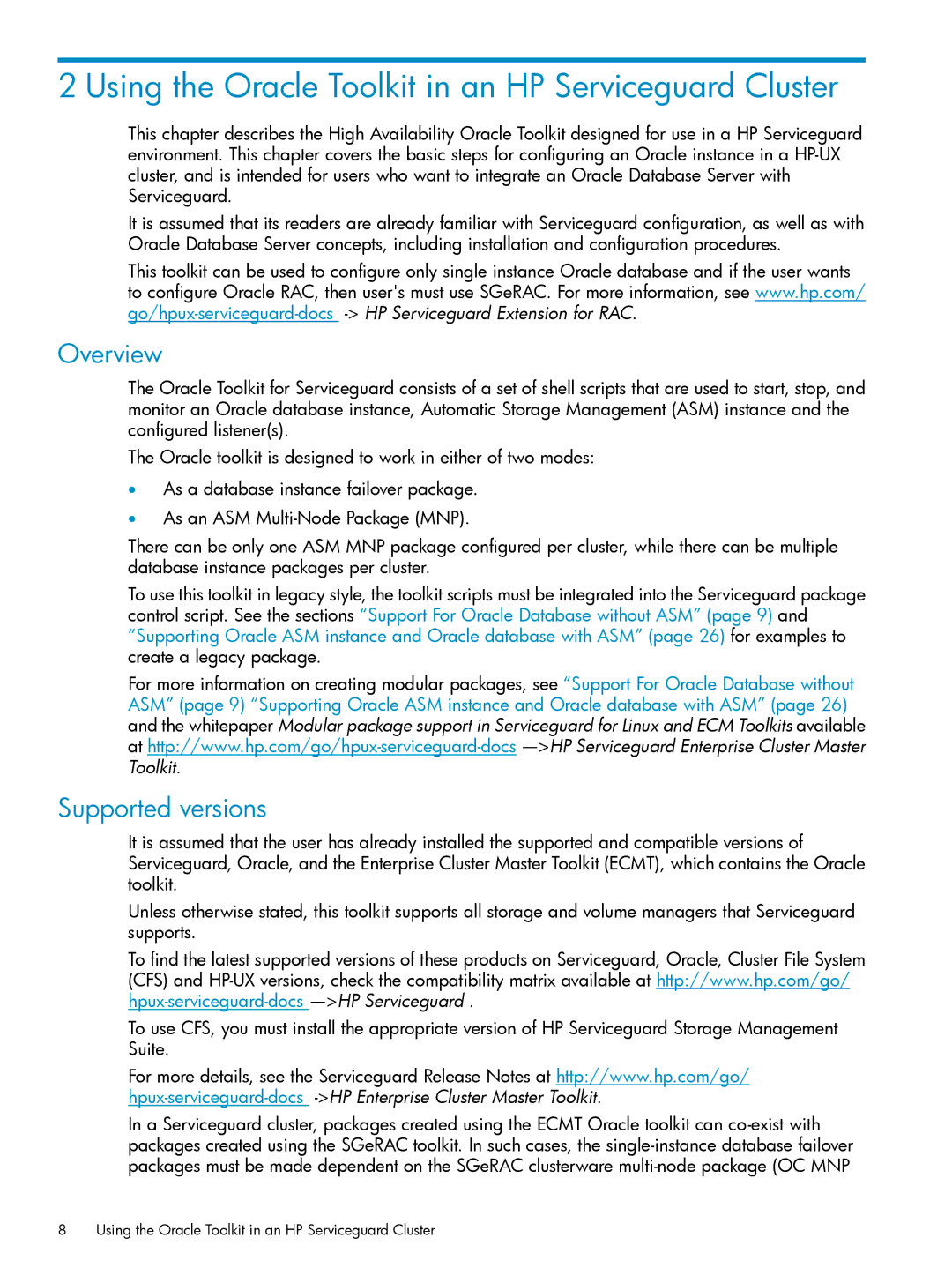 HP Serviceguard Toolkit for Oracle Data Guard Supported versions, Using the Oracle Toolkit in an HP Serviceguard Cluster 