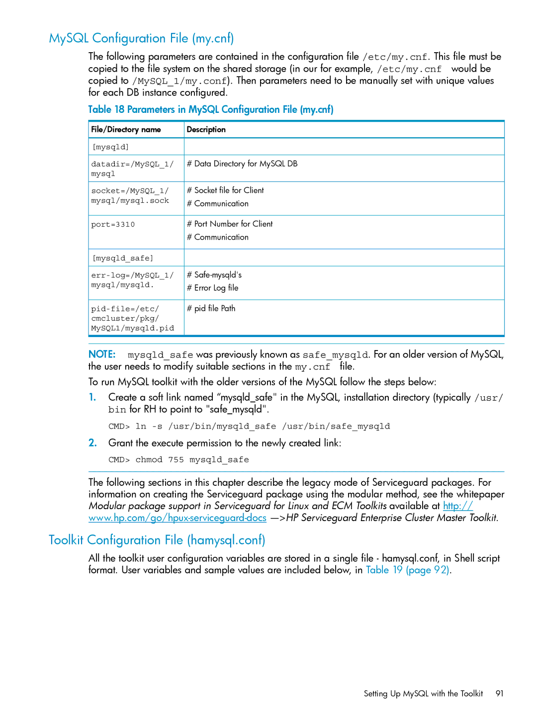 HP Serviceguard Toolkit for Oracle Data Guard MySQL Configuration File my.cnf, Toolkit Configuration File hamysql.conf 