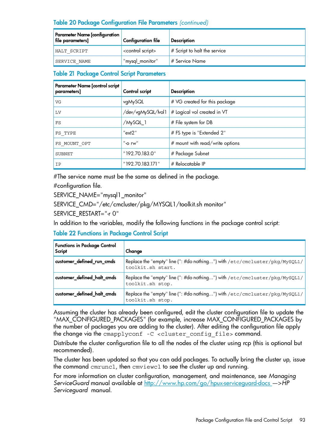 HP Serviceguard Toolkit for Oracle Data Guard manual Package Control Script Parameters 