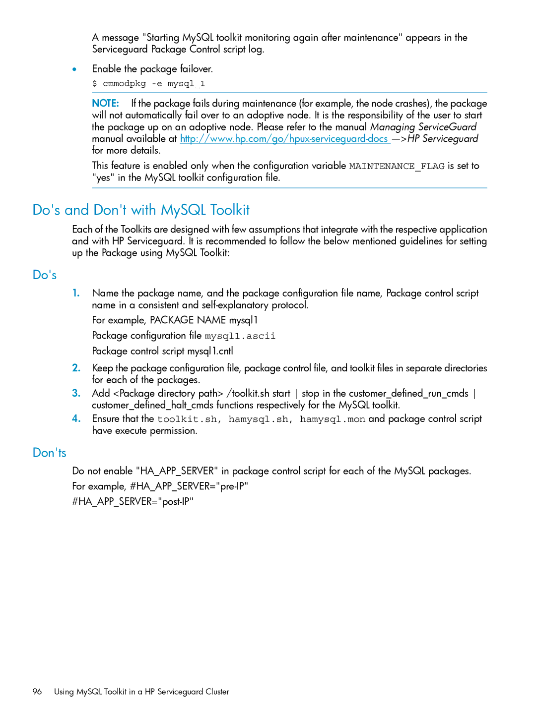 HP Serviceguard Toolkit for Oracle Data Guard manual Dos and Dont with MySQL Toolkit, Donts 