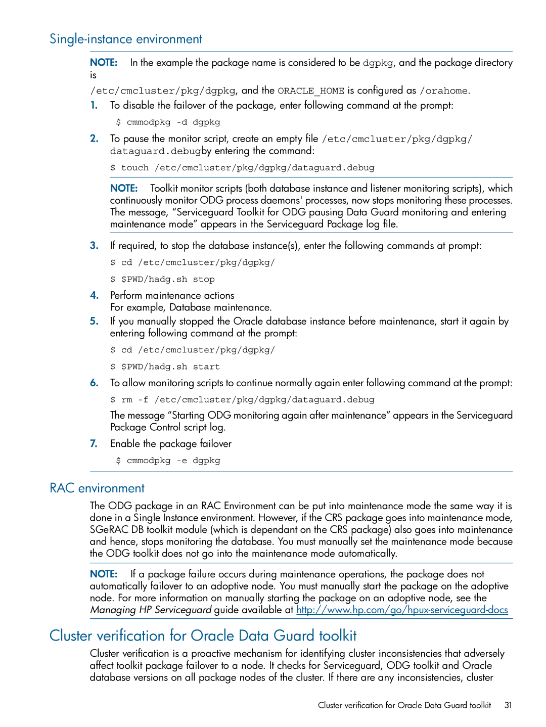 HP Serviceguard Toolkits for Database Replication Solutions manual Cluster verification for Oracle Data Guard toolkit 